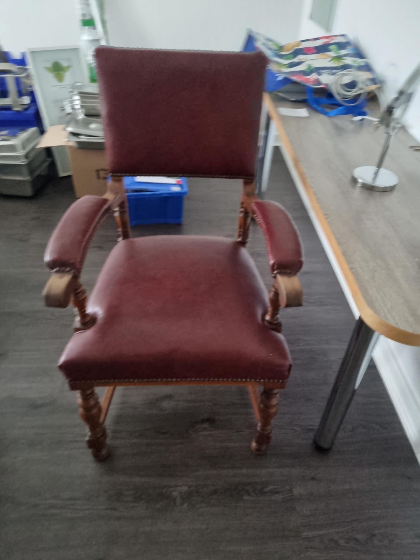 Red Leather Arm Chair With Studded Detal On Carved Legs With Stretcher W 460mm D 520mm H 1050mm