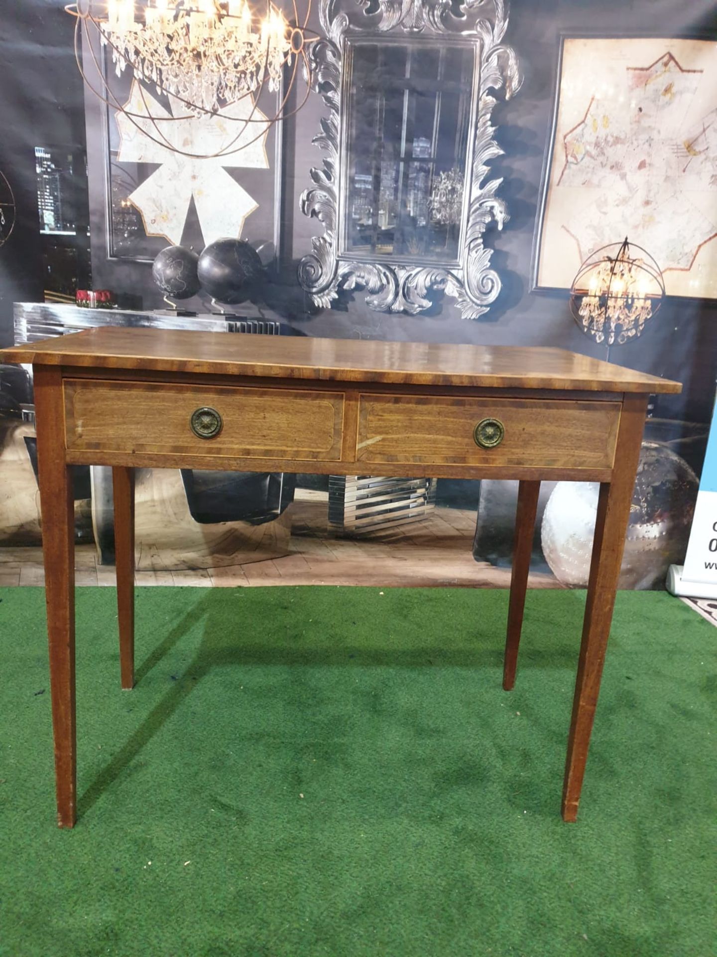 A George III mahogany side table. Strung with boxwood and crossbanded, the oblong top above a pair - Image 2 of 4