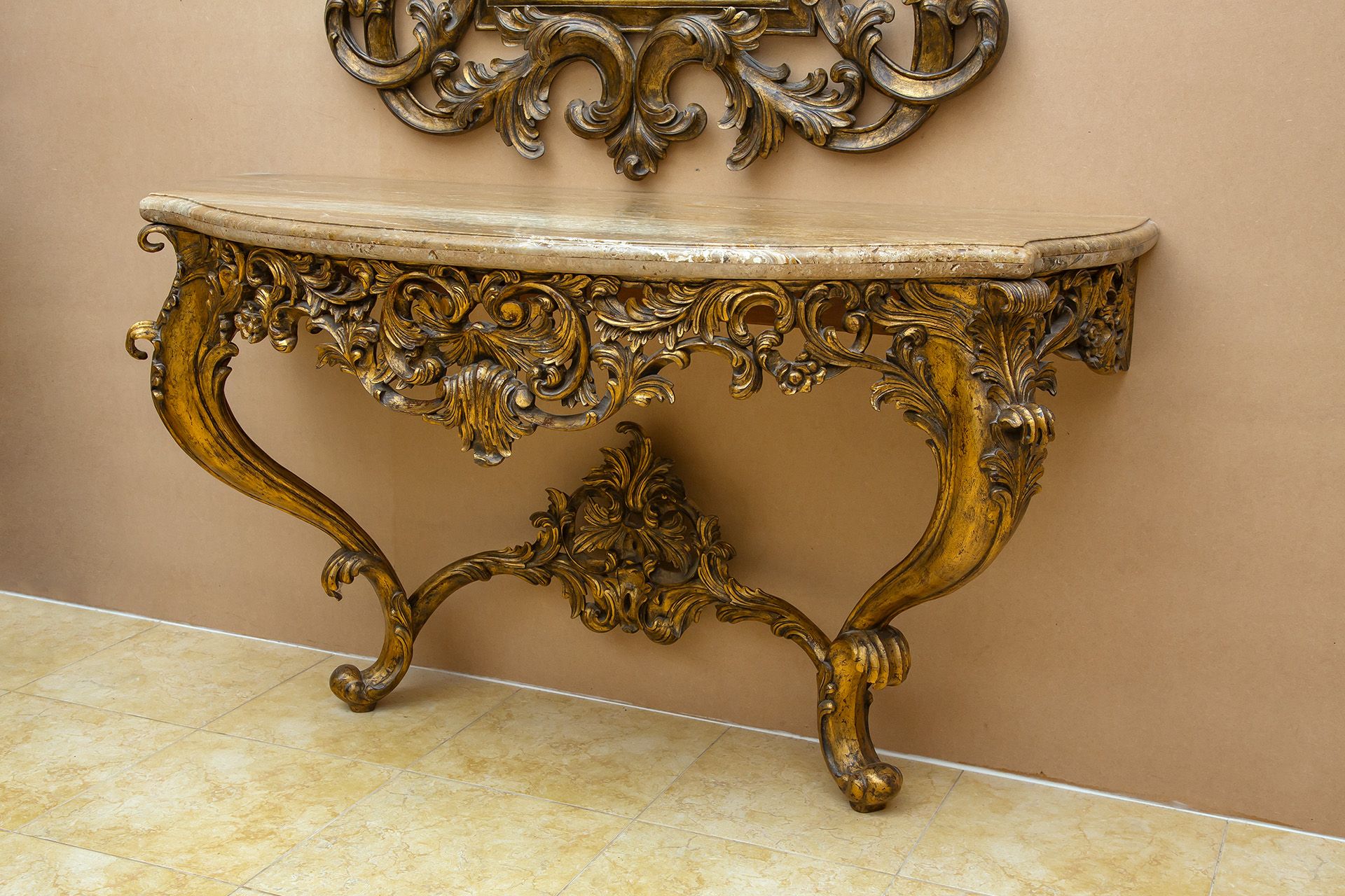 Christpher Guy baroque style hand-carved wall-secured console table crafted from mahogany with