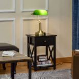 Bankers Tractional Desk Lamp With Antique Bronze Base, Green Glass Shade And Pull Rope Switch