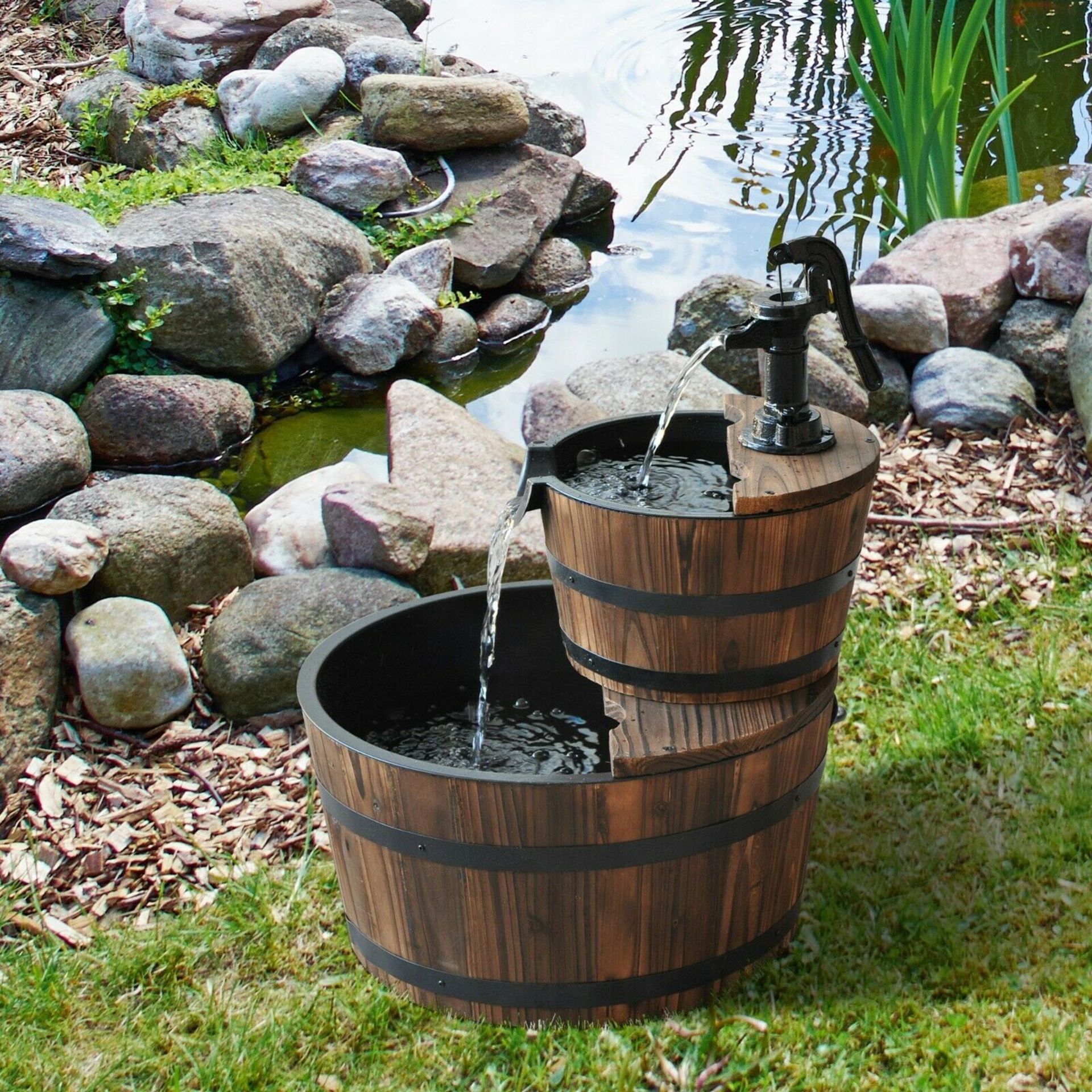 Garden Barrel Water Feature Made From Fir Wood And Steel Construction 2-Tier Wooden Barrels,