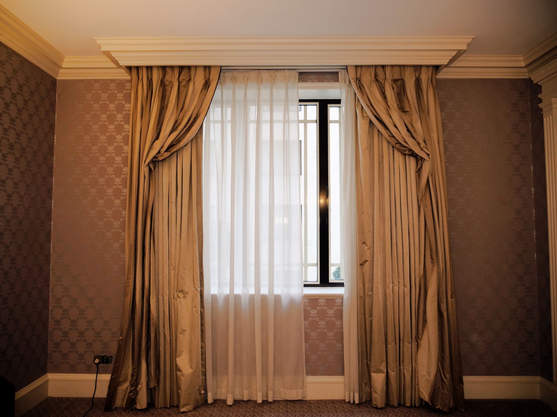 A pair of Silk Custom Hand Woven Silk Drapery and jabots fully lined gold with Buckram curtain - Image 2 of 3