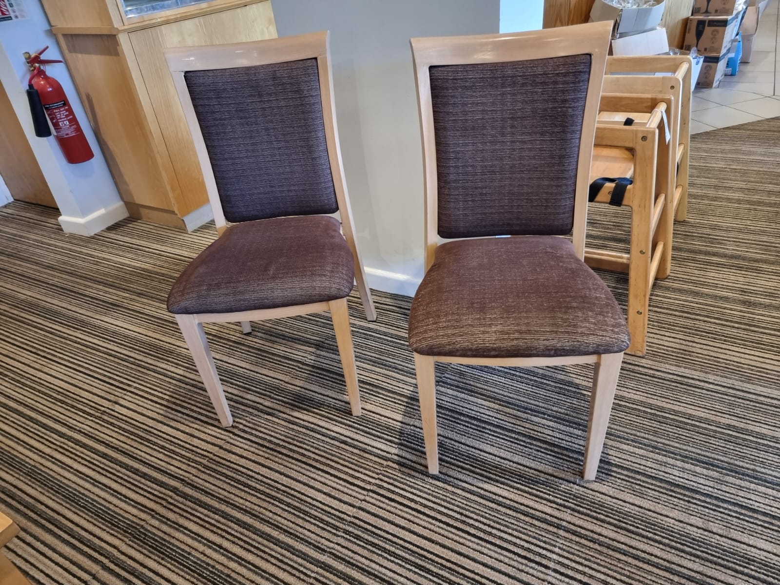 A set of 6 x stacking upholstered dining chairs 47cm seat pitch metal construction wood effect