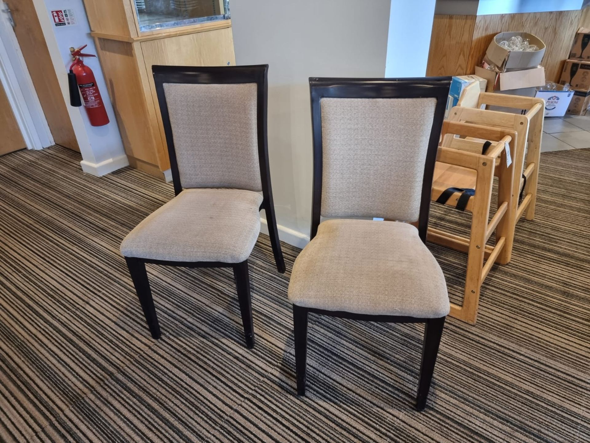 A set of 6 x stacking upholstered dining chairs 47cm seat pitch metal construction wood effect