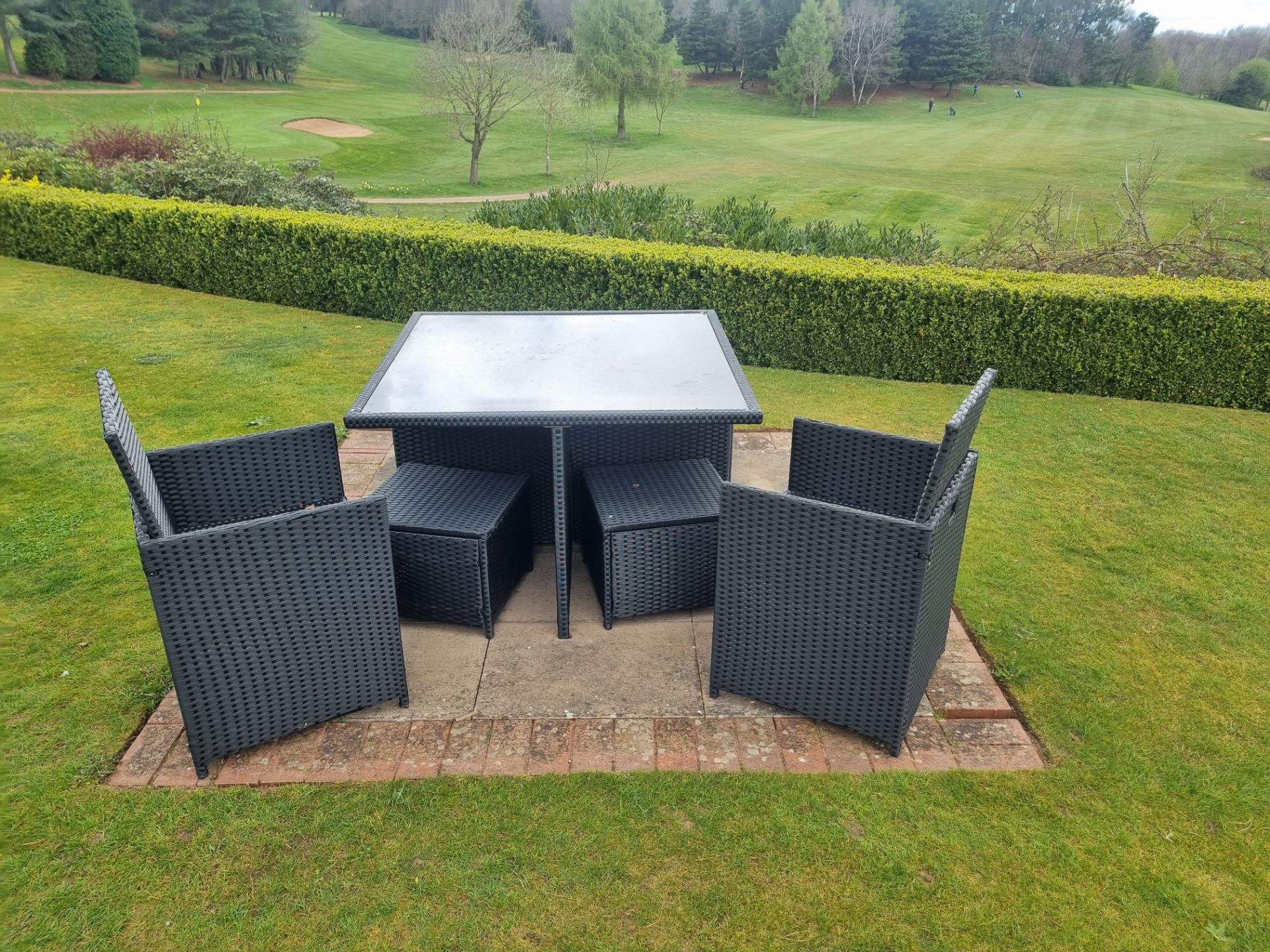 Cube Rattan Garden Furniture Piece Set table with glass top 4 chairs and side table/stool 1100 x