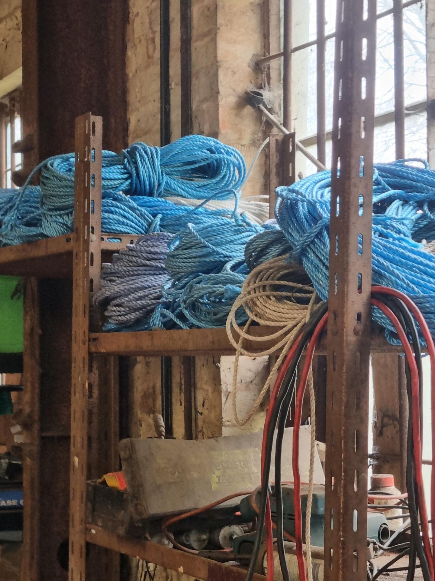 A large quantity of blue nylon twine rope as found