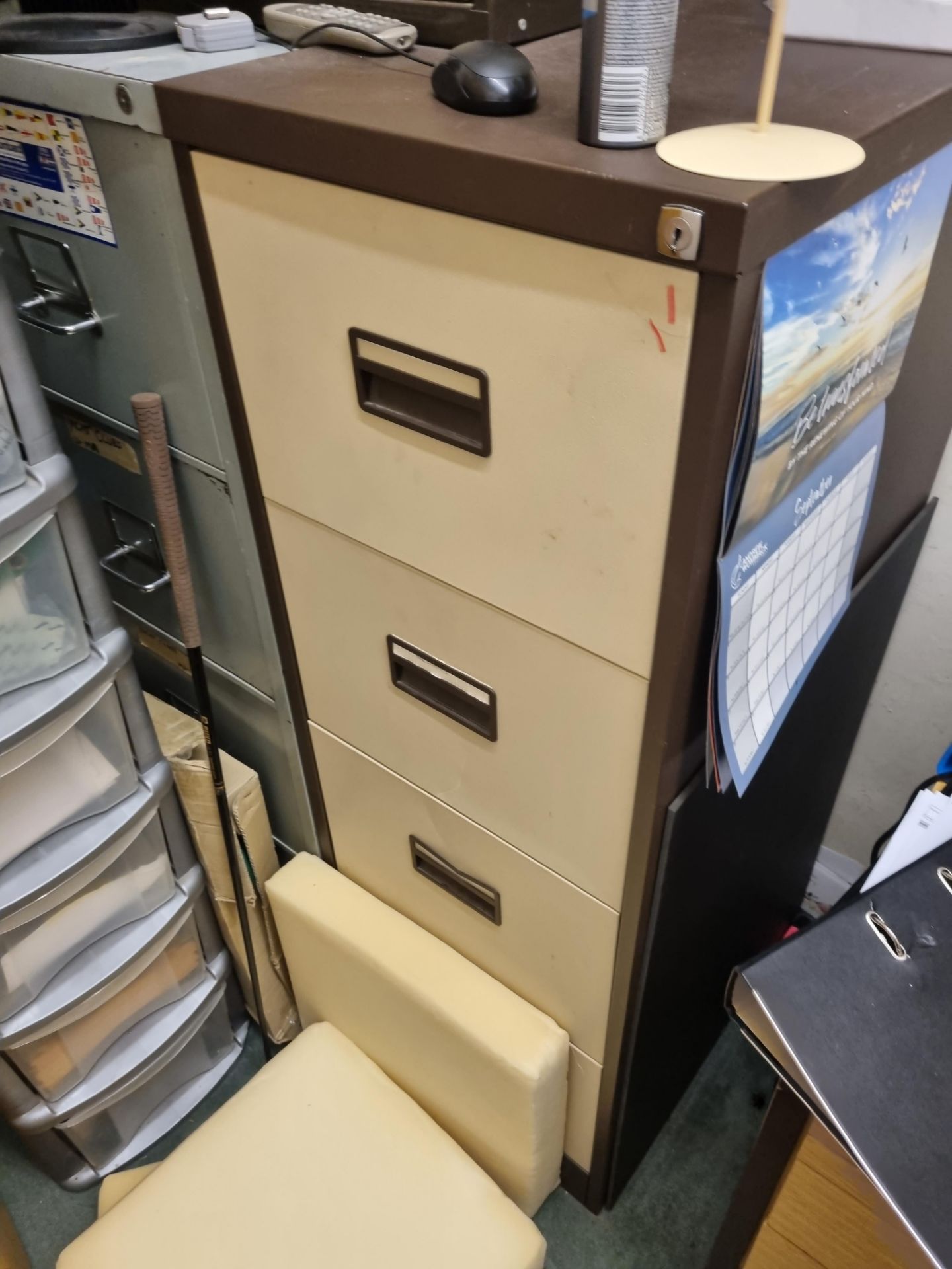 A beech 1200mm desk complete with 2 x four drawer metal filing cabinets