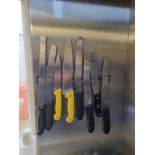 Wall mounted magnetic knife rack with various knives
