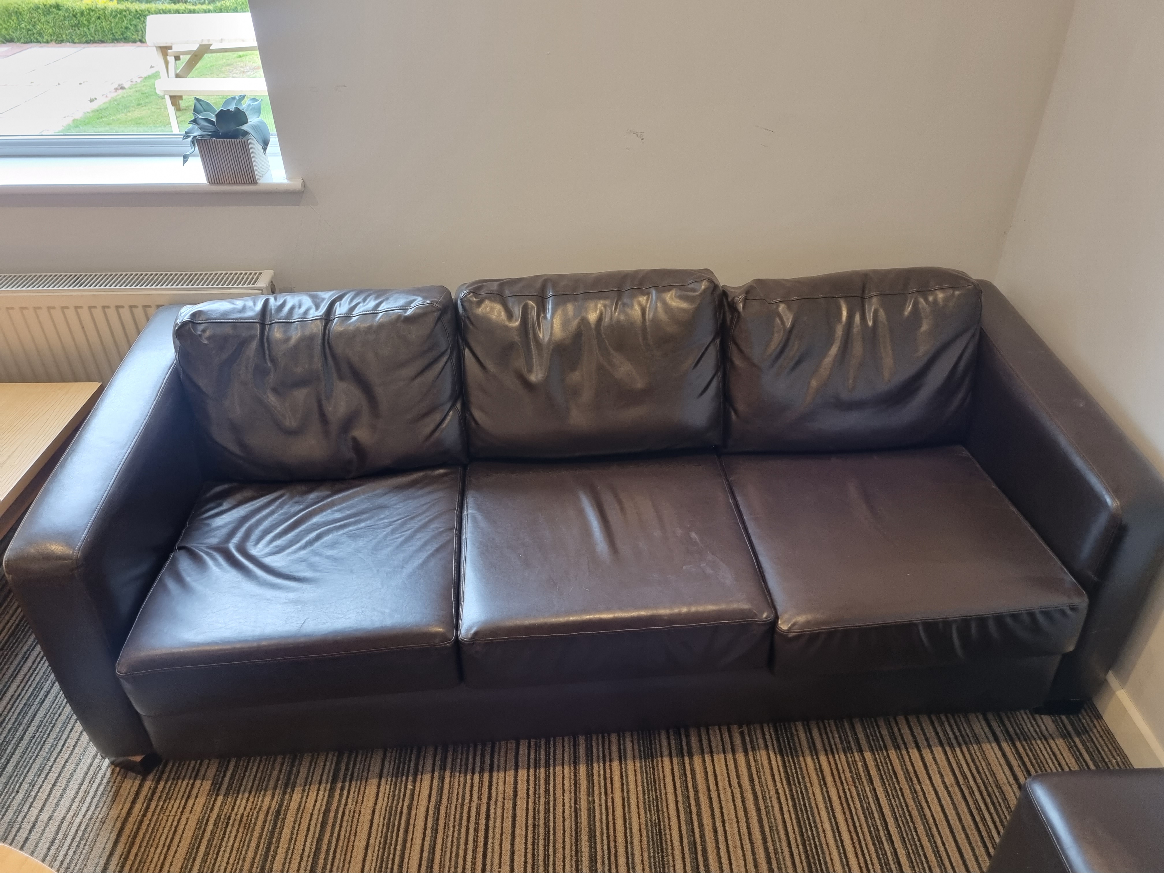 Chocolate brown faux leather three seater sofa 2150 x 900 x 600mm - Image 2 of 2