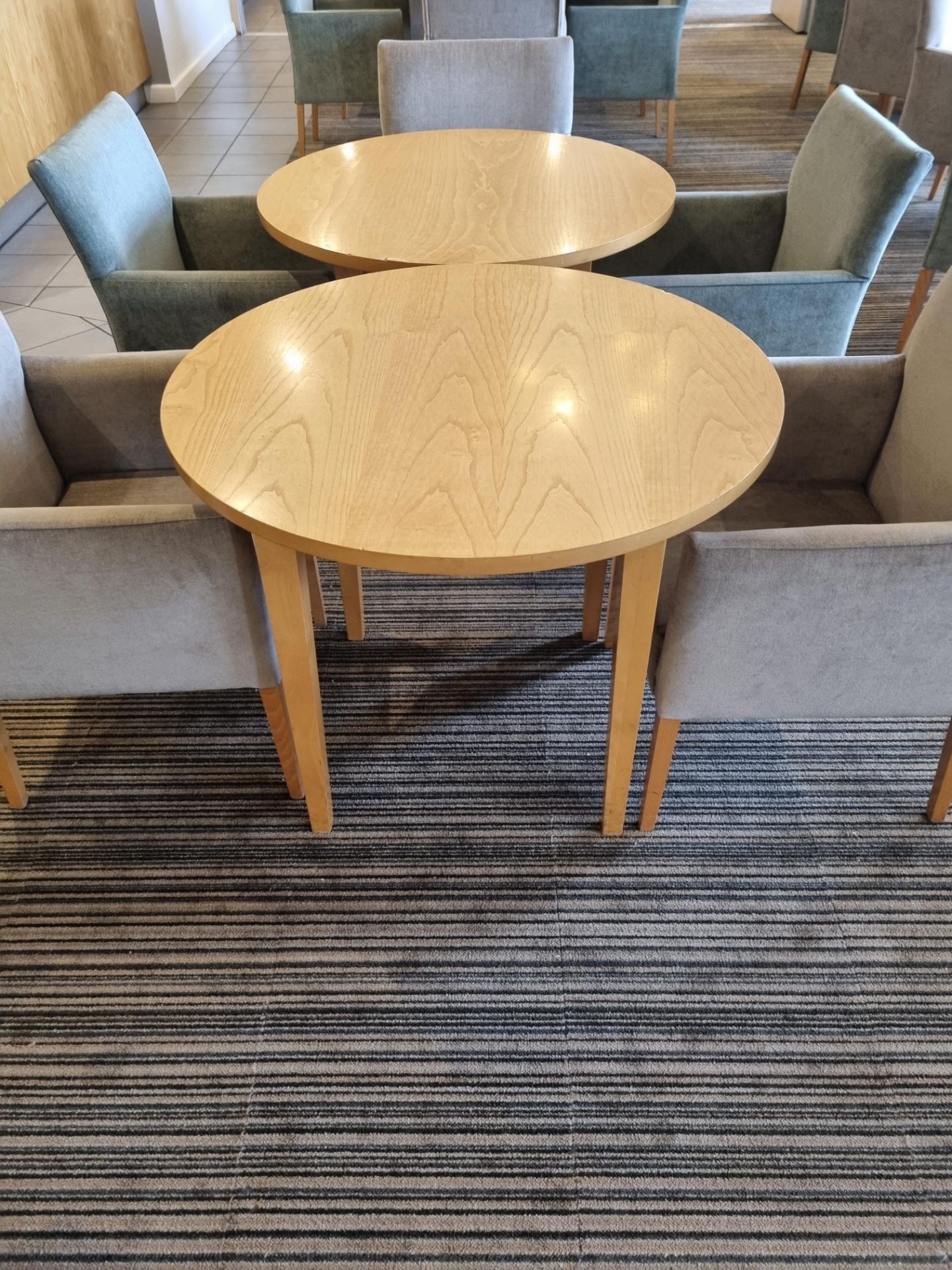 2 x Beech circular dining tables 910 x 750mm