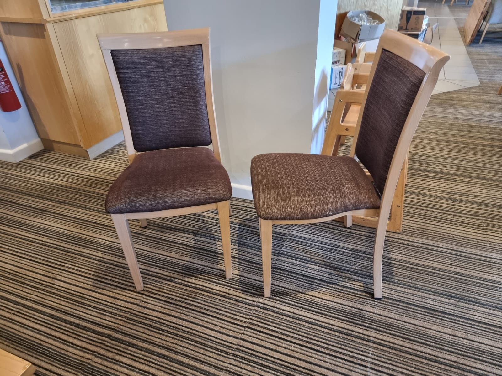 A set of 6 x stacking upholstered dining chairs 47cm seat pitch metal construction wood effect - Image 3 of 4