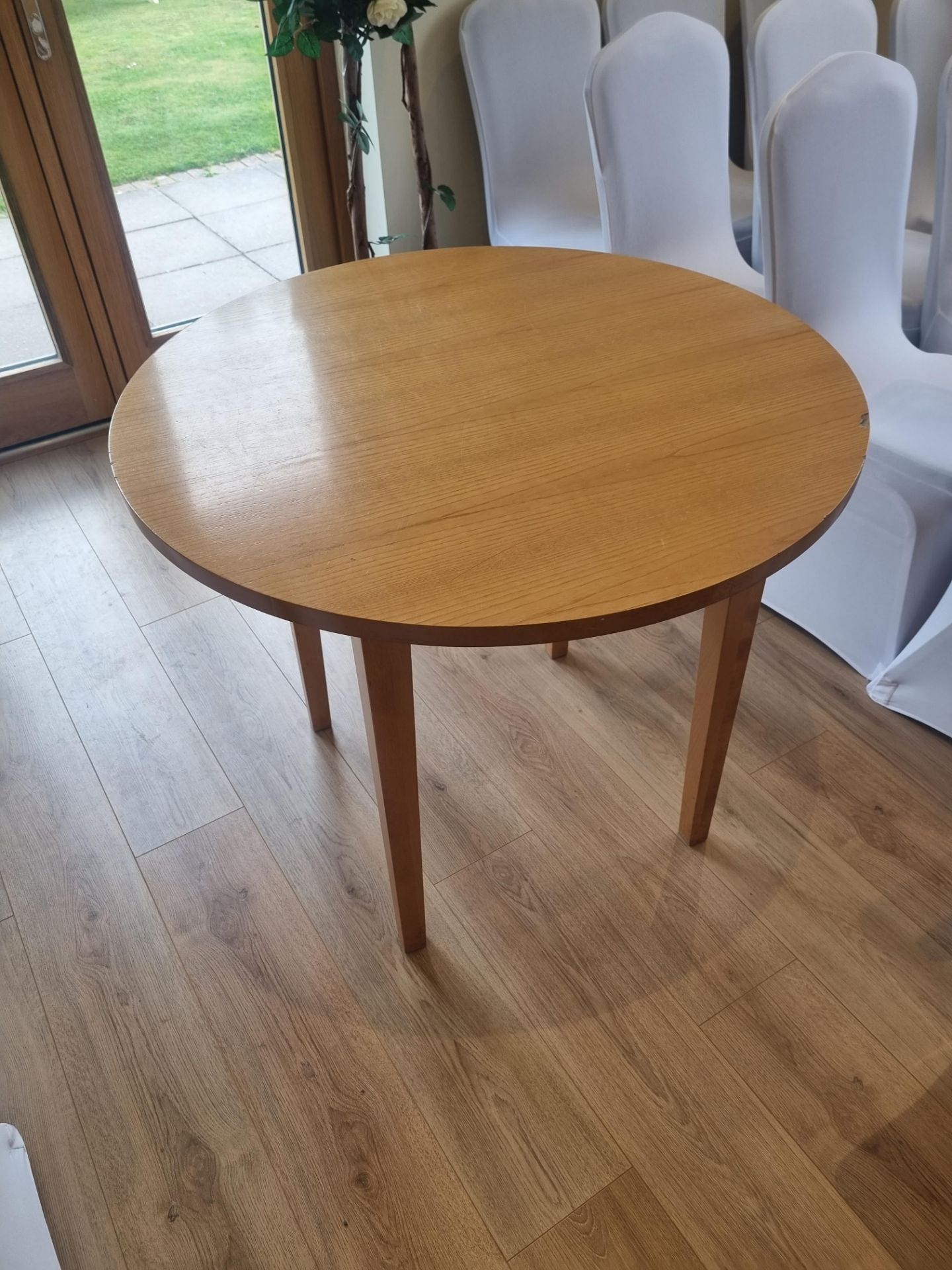 2 x Beech circular dining tables 910 x 750mm