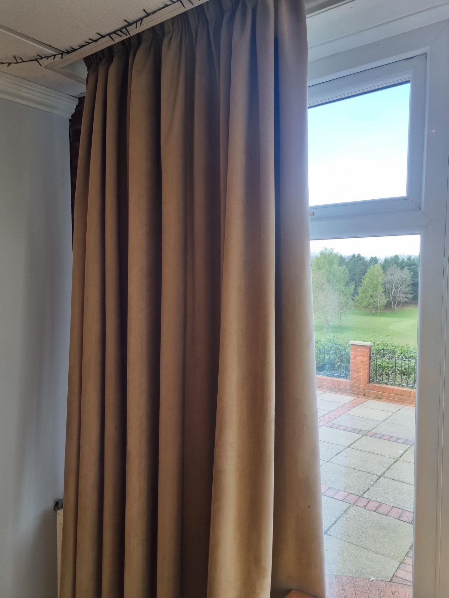 A pair of faux sueded lined drapes 360 x 260cm