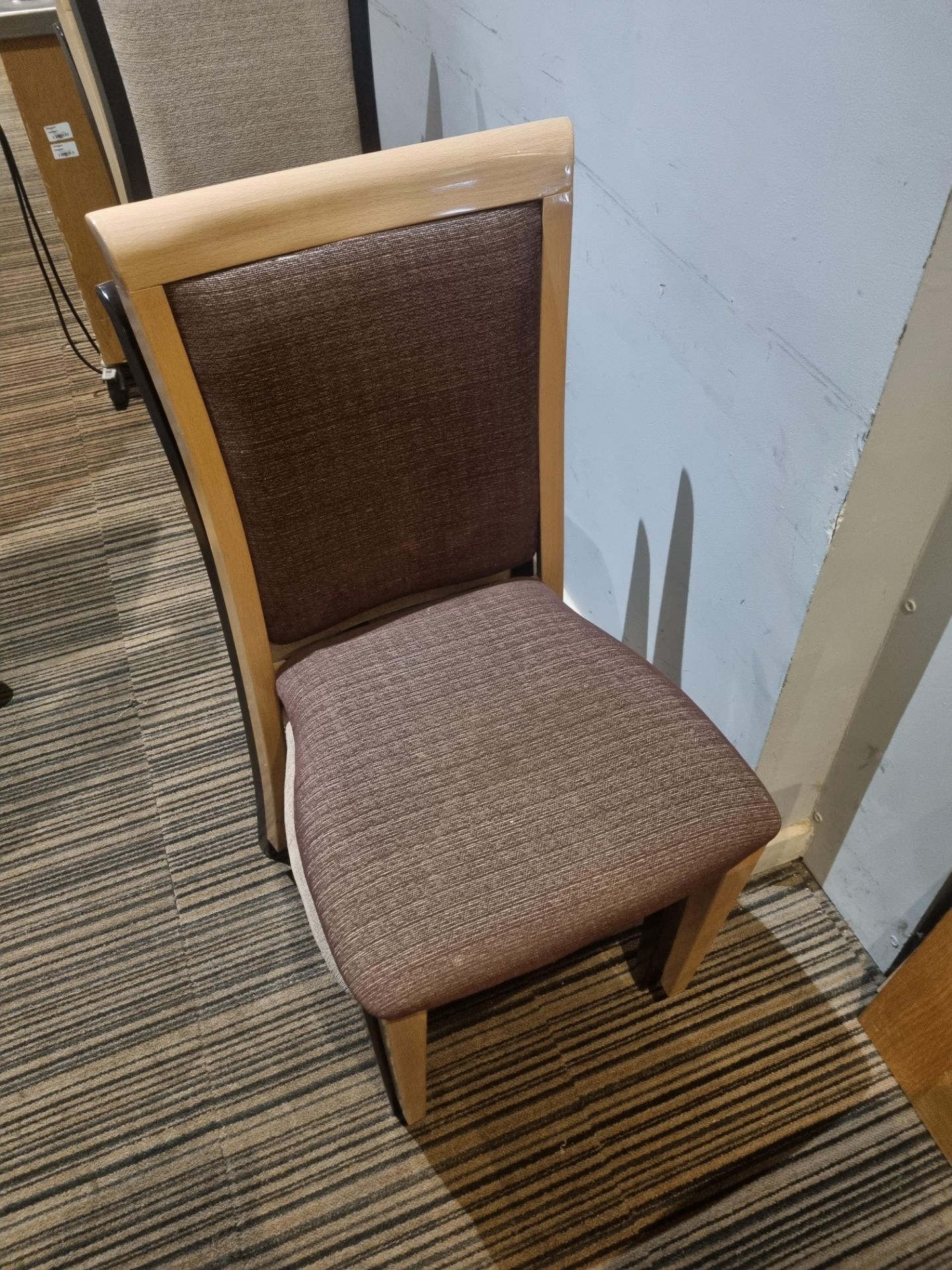 A set of 6 x stacking upholstered dining chairs 47cm seat pitch metal construction wood effect - Image 4 of 4