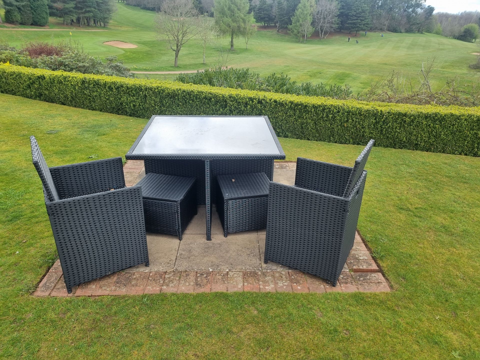 Cube Rattan Garden Furniture Piece Set table with glass top 4 chairs and side table/stool 1100 x