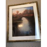 Framed Lithograph Landscape River Scene 72 x 87 (Room 435)