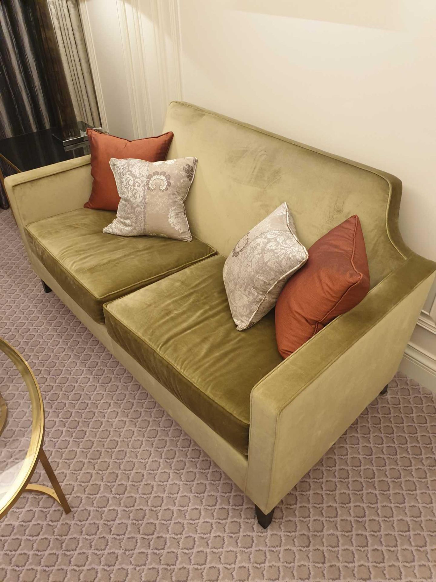 Contemporary Two Seater Sofa In Taupe Upholstery With Square Arms With Scatter Cushions 150 x 80 x - Image 2 of 2