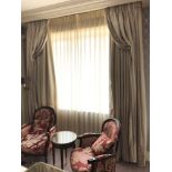 A Pair Of Gold Silk Drapes And Jabots With Tie Backs Span 255 x 240cm (Room 434)