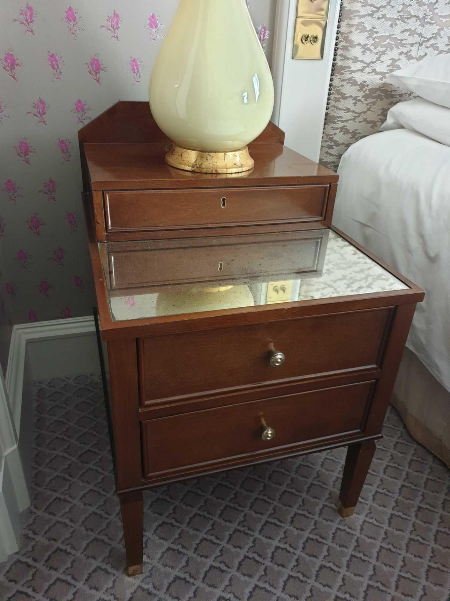 A Pair Of Two Tier Bedside Nightstands With Antiqued Plate Top With Storage Compartments Mounted - Image 3 of 3