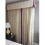 A Pair Of Cream Silk Drapes With Pelmet With Purple Trim Detail On Curtains And Purple Detail In