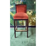 Wooden framed bar stool gold upholstered pad and back rest with foot bar 40cm seat pitch overall