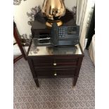 A Pair Of Two Tier Bedside Nightstands With Antiqued Plate Top With Storage Compartments Mounted