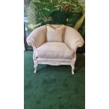 MG Designs UK upholstered club chair newly upholstered in cream pattern damask fabric with bone