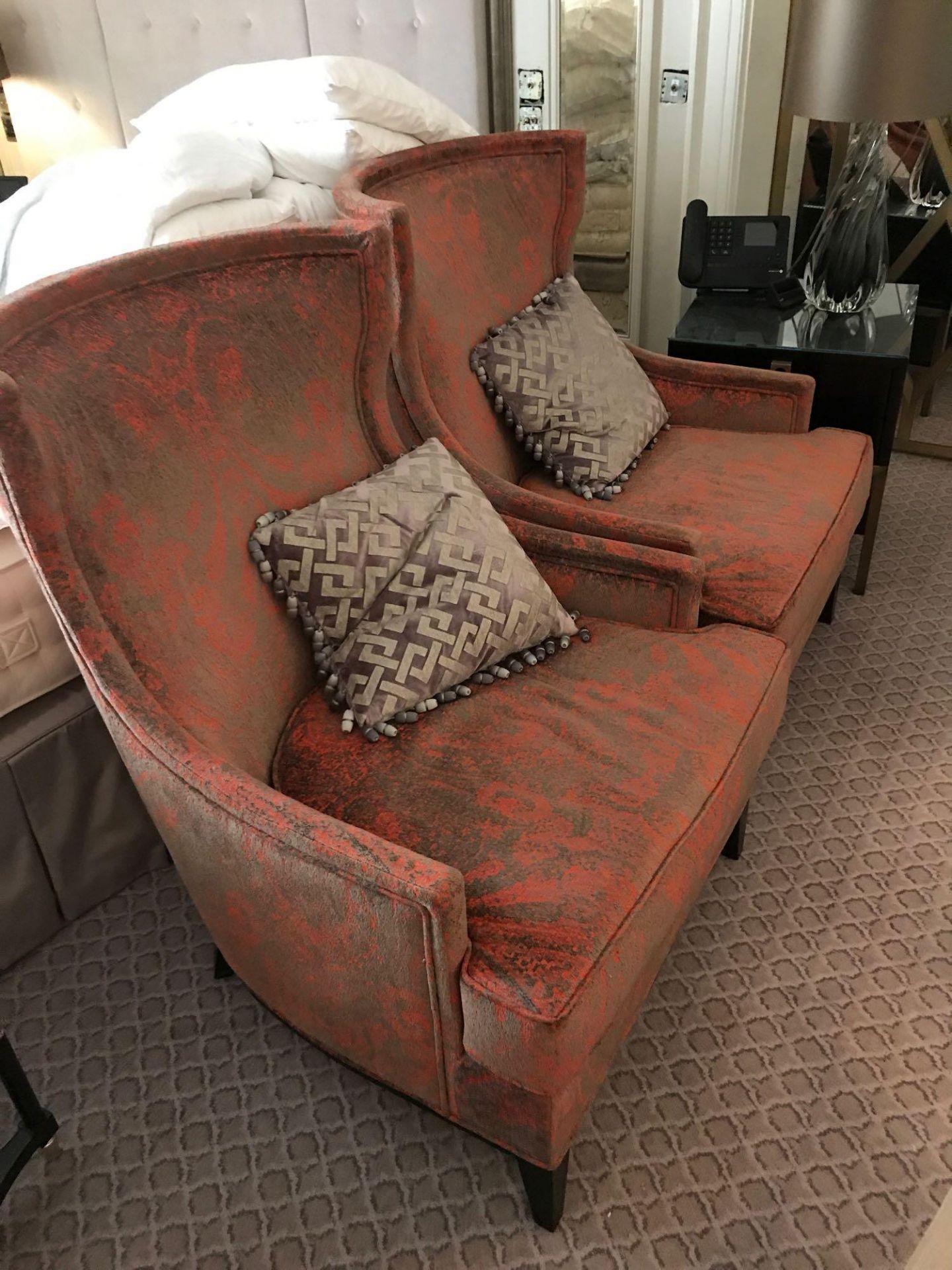 A Pair Of Contemporary Upholstered Wingback Armchairs Red And Grey Silhouette Pattern 71 x 112cm (