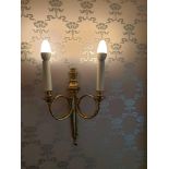 Pair Of English Georgian Style Brass 2 Arm Wall Sconces With Vasiform Backplate (Room 415)