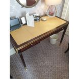 Writing Desk High Gloss Ebony Wood With Tooled Leather Inlay Faux Central Drawer Flanked By Single