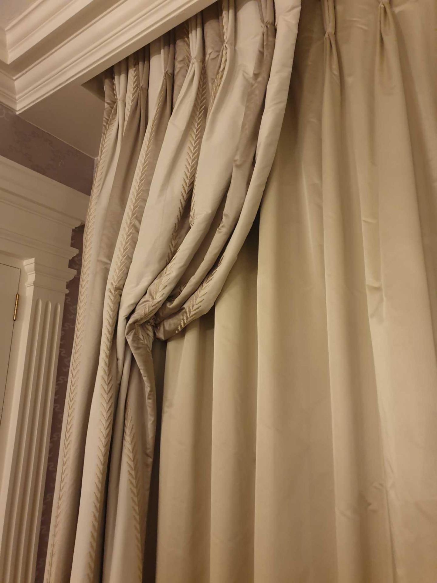 A Pair Of Silk Drapes In Greys And Creams With Intermittent Stitched Corn Pattern In Gold 250 x - Image 2 of 2