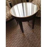 Circular Side Table With Antiqued Plate Top And Brass Trim Mounted On Tapering Legs With Brass