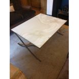 White Marble Coffee Table On Brass Frame And Legs Are A Cross Leg With Stretcher 91 x 115 x 51cm (