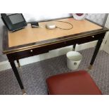 Writing Desk With Tooled Leather Inlay Faux Central Drawer Flanked By Single Drawer And Flap