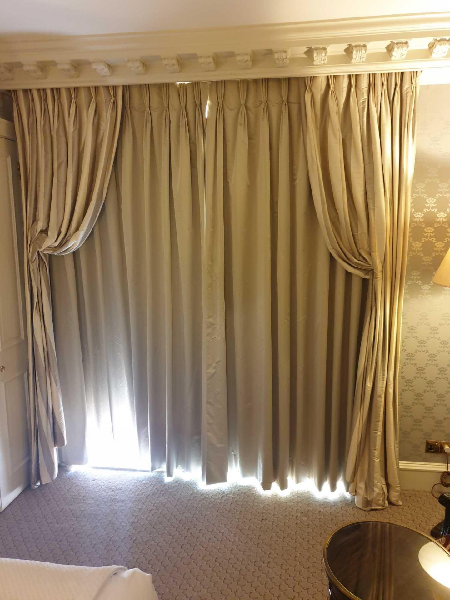 A Pair Of Silk Light Gold And Dark Gold Striped Drapes Fully Lined 220 x 245cm (Room 310 & 311) - Image 2 of 2