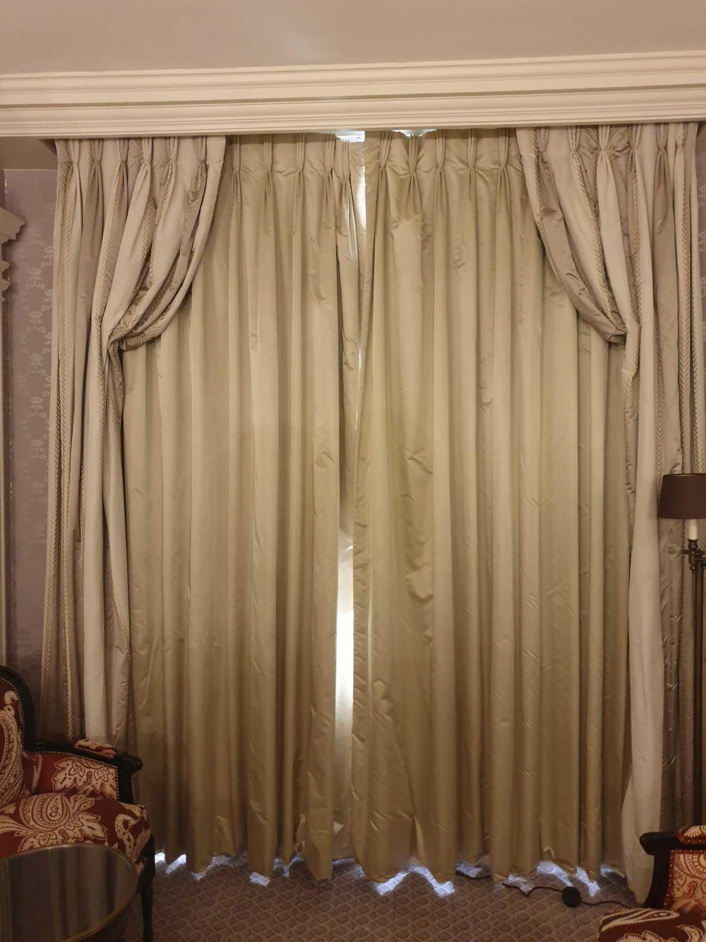 A Pair Of Silk Drapes In Greys And Creams With Intermittent Stitched Corn Pattern In Gold 250 x