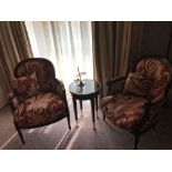 A Single Bergere Chair Black Wood Frame Upholstered In A Rust Red And Cream Damask Pattern With Stud