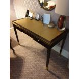 Writing Desk High Gloss Ebony Wood With Tooled Leather Inlay Faux Central Drawer Flanked By Single