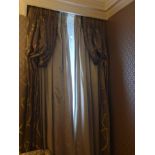 A Pair Of Silk Drapes And Jabots Green And Grey Chain Style Pattern With Piping And Trim 230 x 260cm