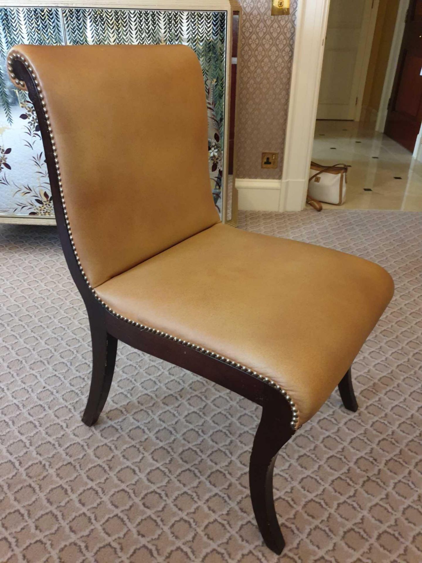 Scroll Back Leather Side Chair Legs And Frame In Solid Oak, With A Stained Finish Upholstered In