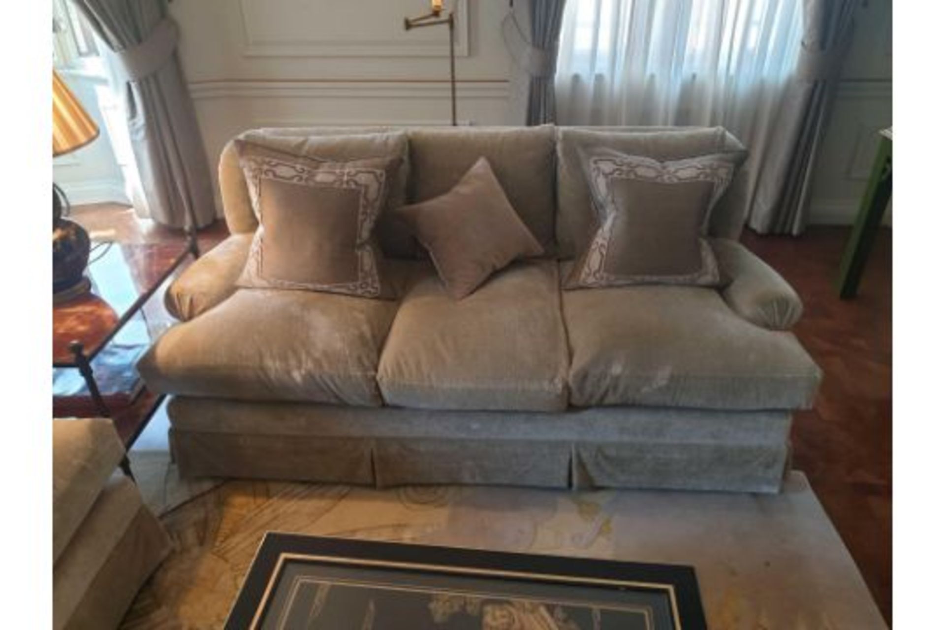 Classic Upholstered 3 Seater Sofa In Light Brown Fabric Complete With Scatter Cushions 180 x 92 x