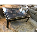 Black Lacquer Hand Decorated Chinoiserie Coffee Table With Inset Bevelled Glass Top And Gilt Line