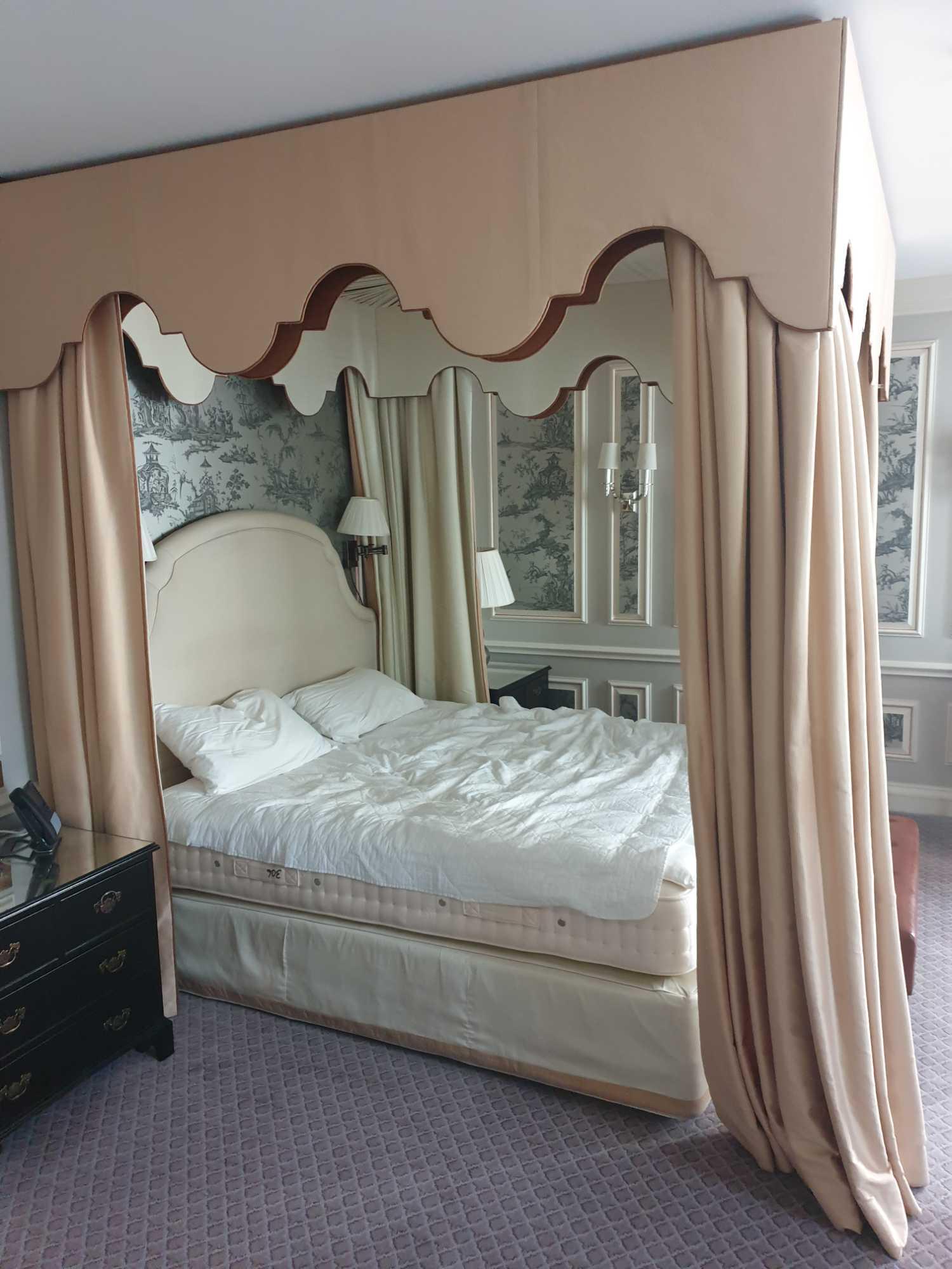 Bed Canopy And Headboard With Floating Pelmet And Curtains Striped Cream And Gold Pelmet And - Image 2 of 5