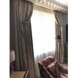 A Pair Of Gold Silk Drapes And Jabots With Tie Backs Span 255 x 270cm (Room 421)