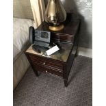 A Pair Of Two Tier Bedside Nightstands With Antiqued Plate Top With Storage Compartments Mounted