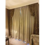 A Pair Of Silk Drapes And Jabots Green And Grey Chain Style Pattern With Piping And Trim 100 x 260cm