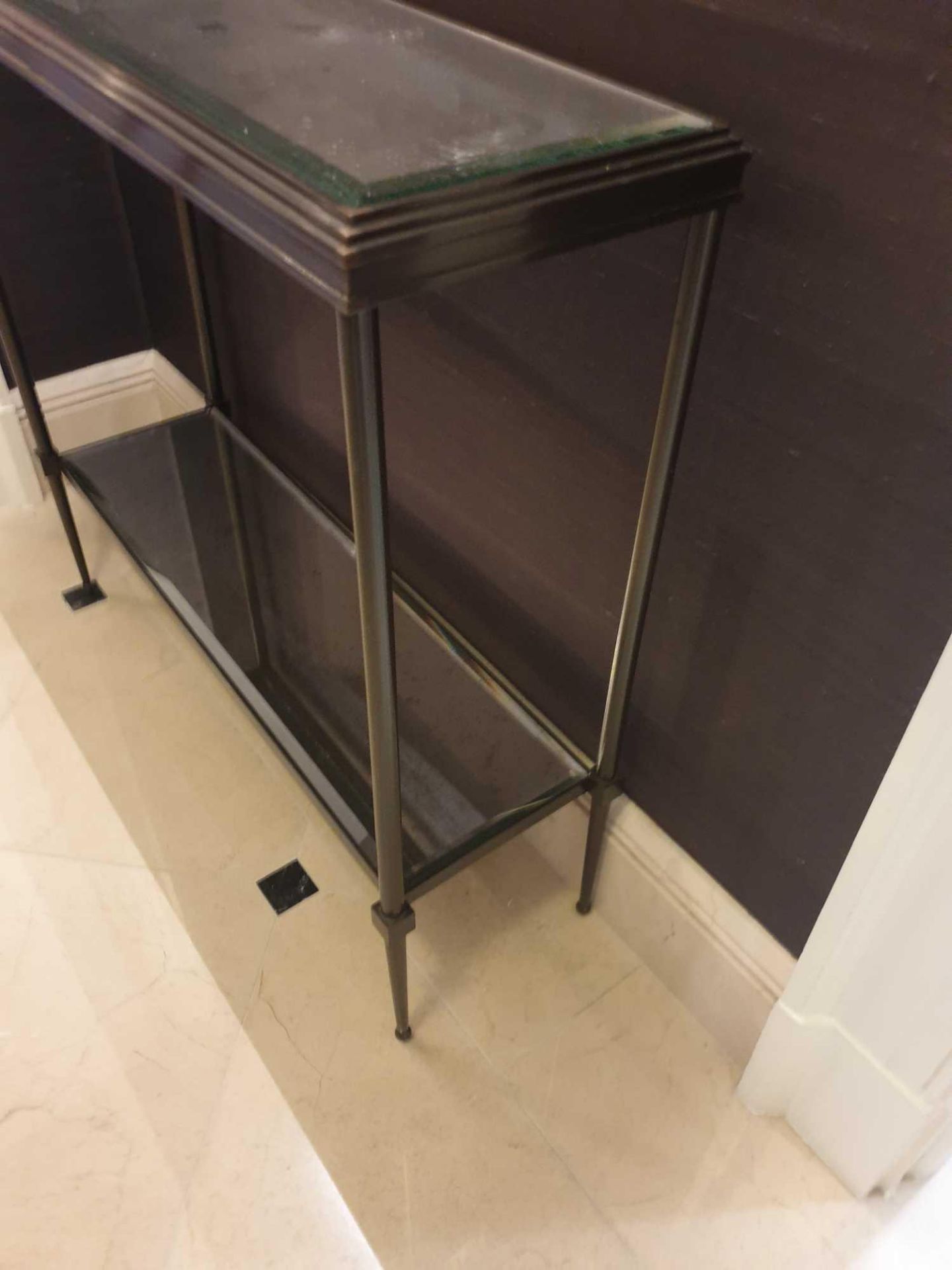 A Forged Metal Two Tier Console Table With Glass Shelves 88 x 24 x 74cm (Room 331) (This lot is - Image 2 of 2