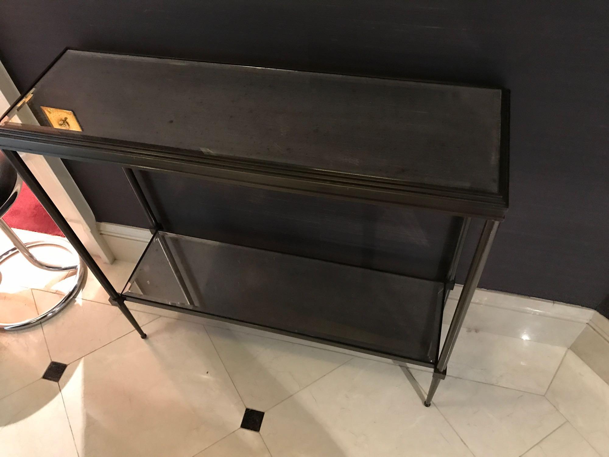 A Forged Metal Two Tier Console Table With Glass Shelves 88 x 24 x 74cm (Room 428)