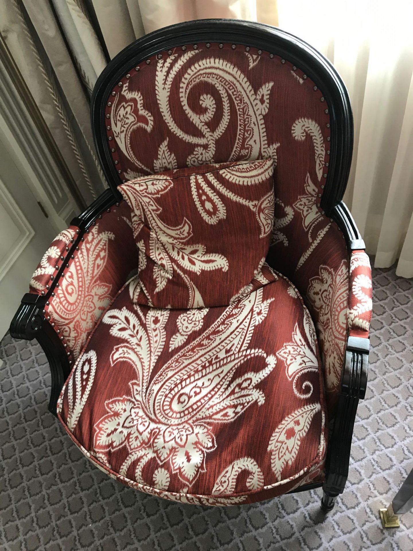 A Pair Of Bergere Chairs Black Wood Frame Upholstered In A Rust Red And Cream Damask Pattern With - Image 2 of 2
