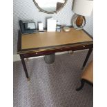 Writing Desk High Gloss Ebony Wood With Tooled Leather Inlay Faux Central Drawer Flanked By Single